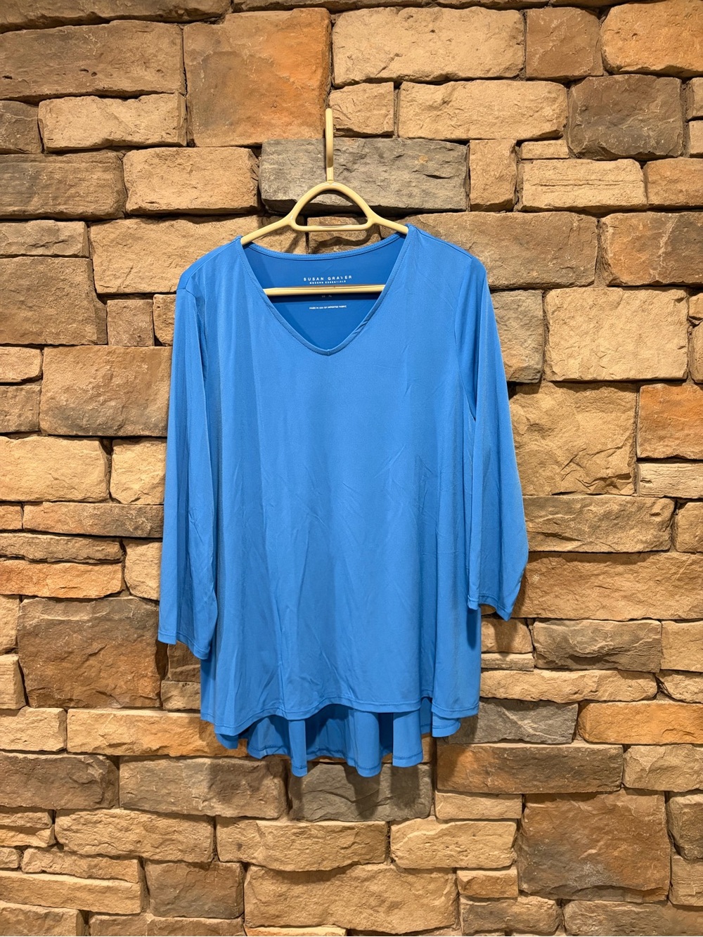 Susan Graver Blue V-Neck 3/4 Sleeve Hi-Low Tunic Top